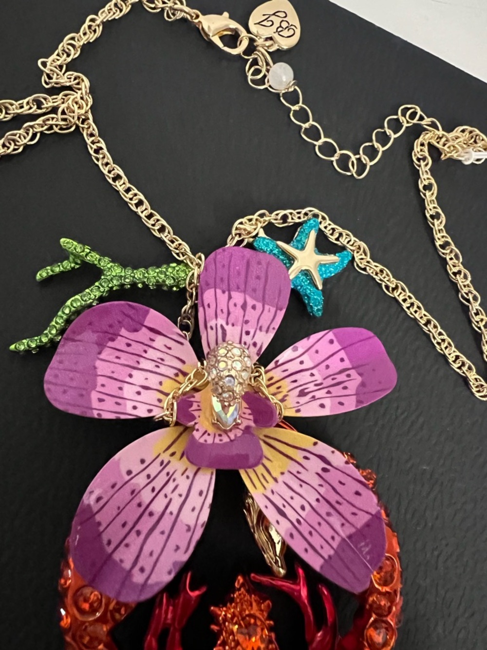 Betsey Johnson Purple, Pink & Orange Lobster Flower Pendant Necklace - Picture 10 of 16